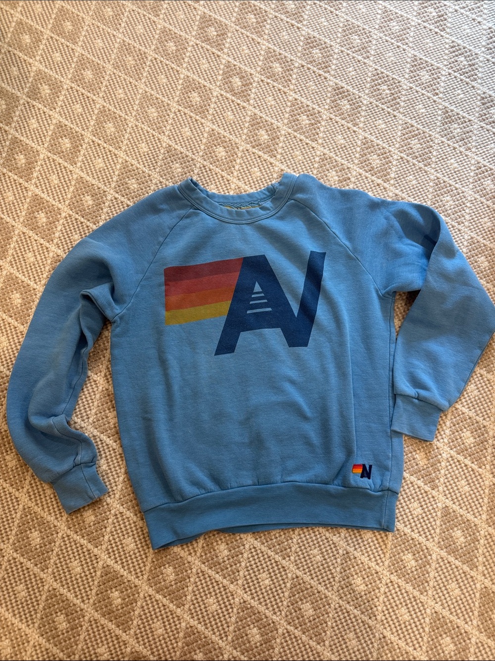 Aviator Nation Blue Crewneck with Retro Rainbow Stripe A Logo